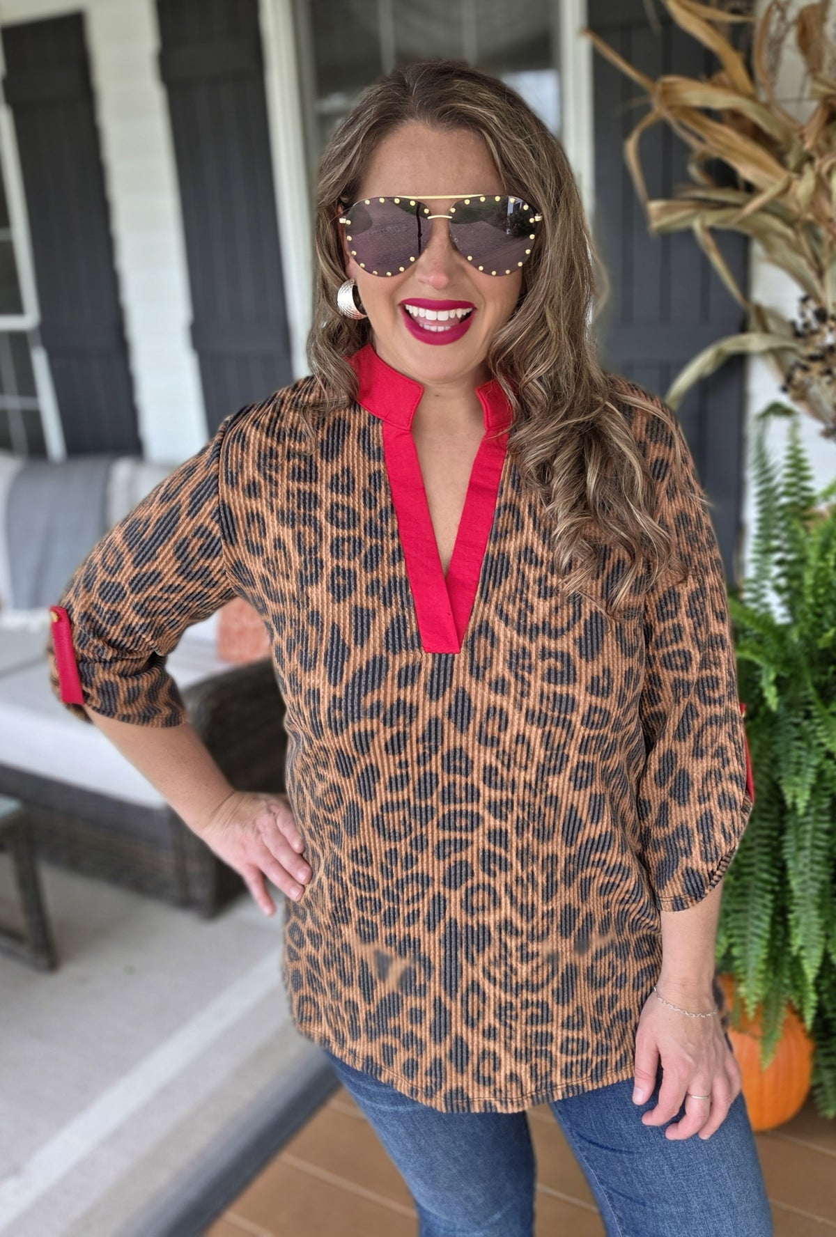 BROWN LEAOPARD/RED TRIM 3/4 SLEEVE KNIT TOP