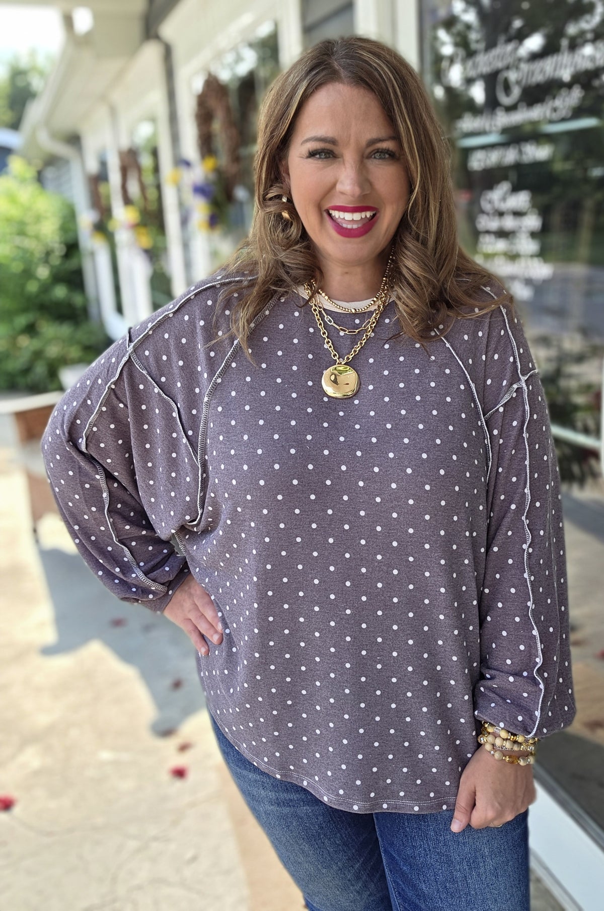 BROWN KNIT POLKADOT LOOSE KNIT TOP