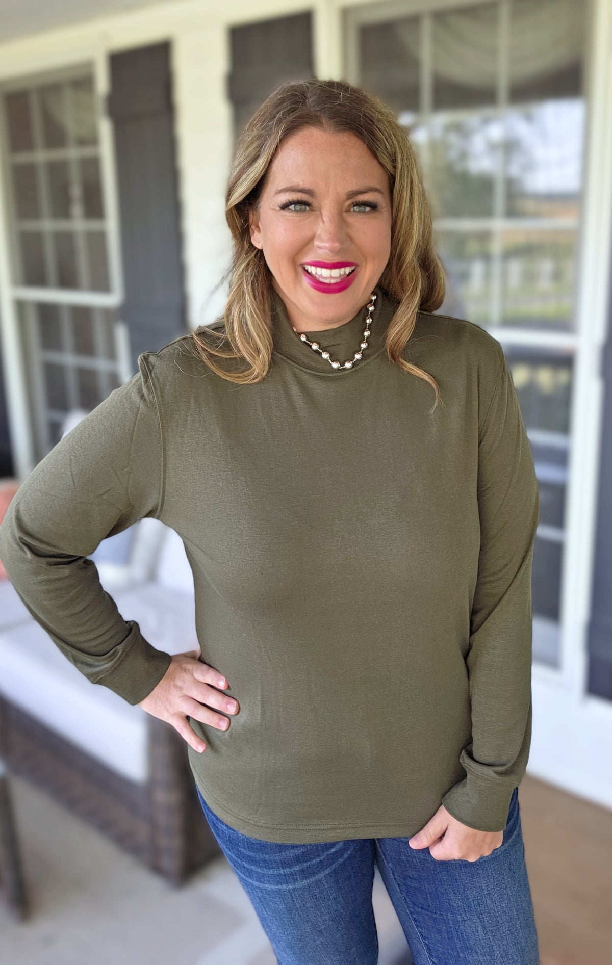 OLIVE MOCK NECK COTTON BLEND TOP