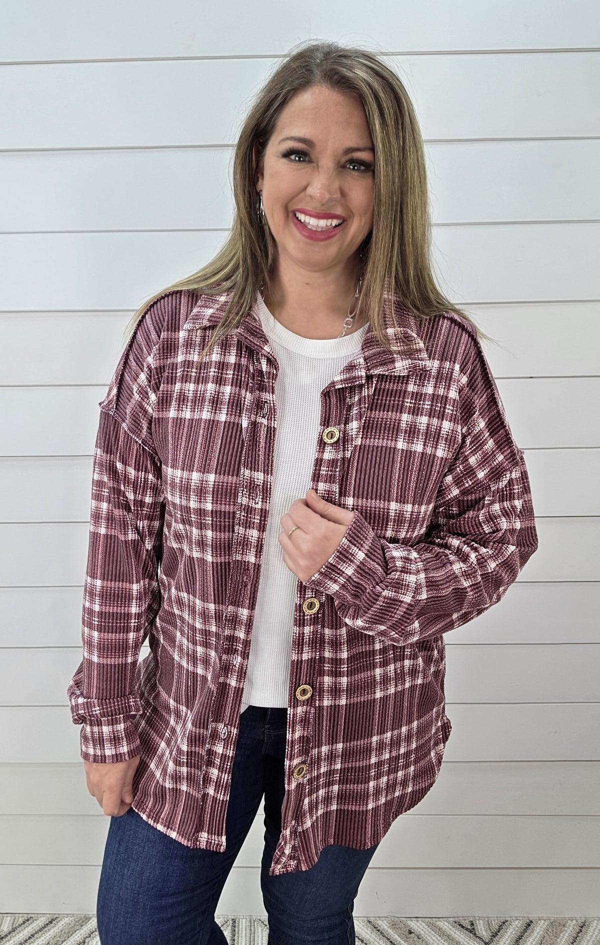 BURGUNDY PLAID RAISED RIBBED BUTTON KNIT TOP
