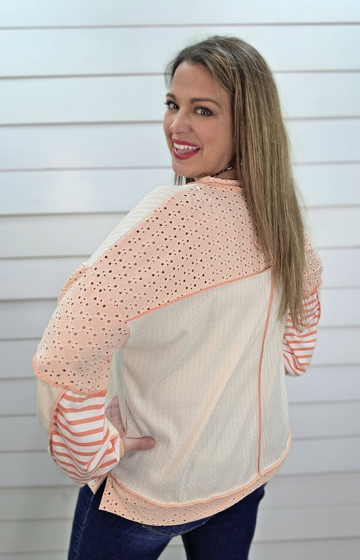 OATMEAL/BLUSH/CORAL CONTAST KNIT LOOSE FIT TOP