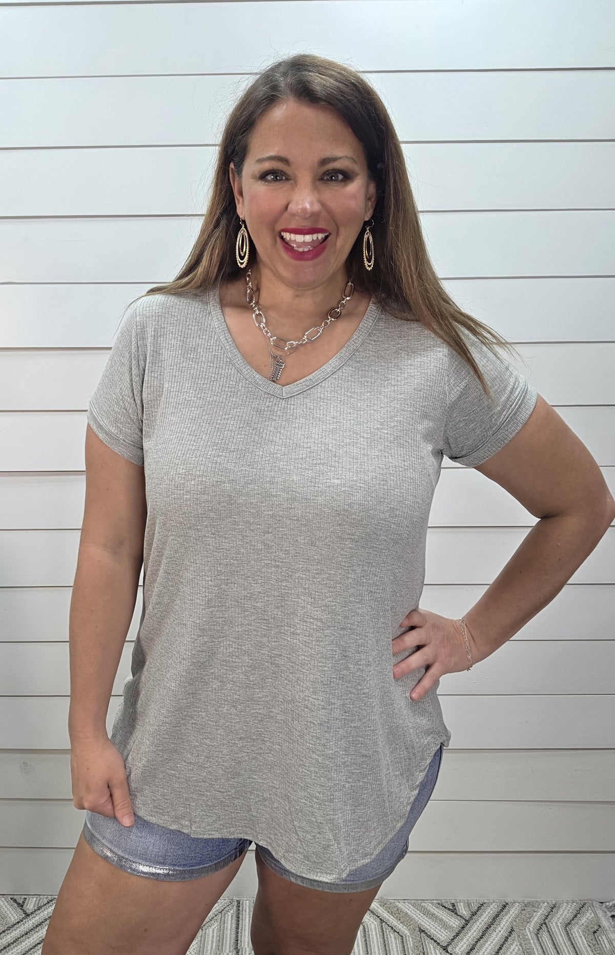 GREY RIBBED V NECK KNIT TOP