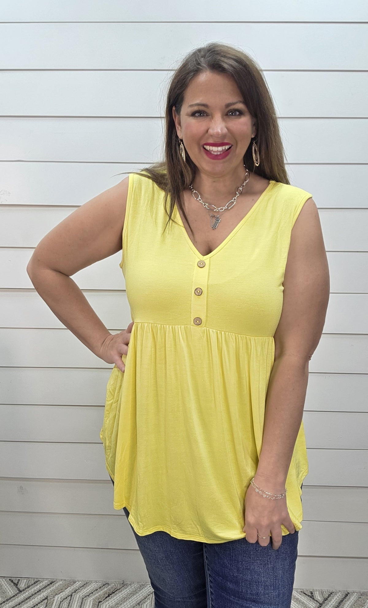 YELLOW BABYDOLL FAUX BUTTON KNIT TANK