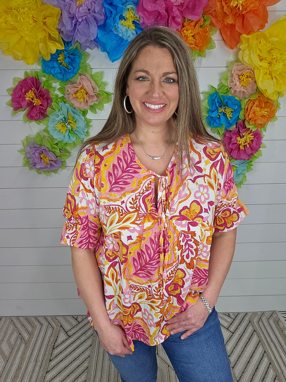 FUCHSIA WOVEN FLORAL PEASANT TIE TOP