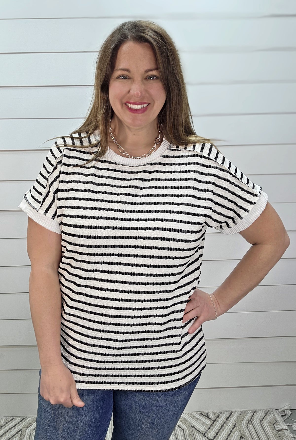 BLACK STRIPED TEXTURED KNIT TOP