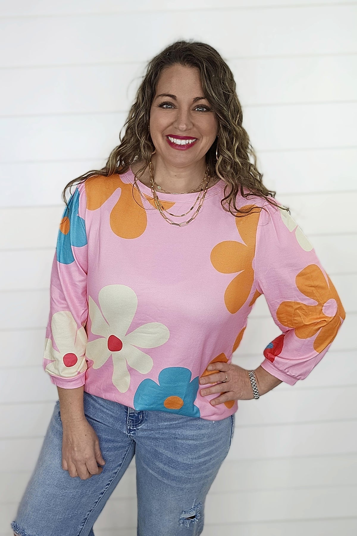 PINK RETRO FLORAL KNIT 3/4 SLEEVE TOP