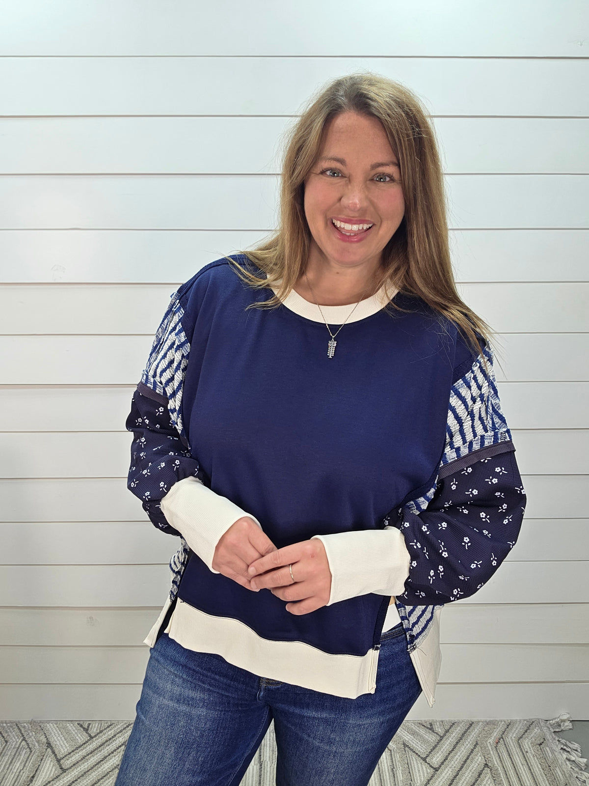 NAVY/STRIPED/FLORAL LOOSE FIT FRENCH TERRY TOP