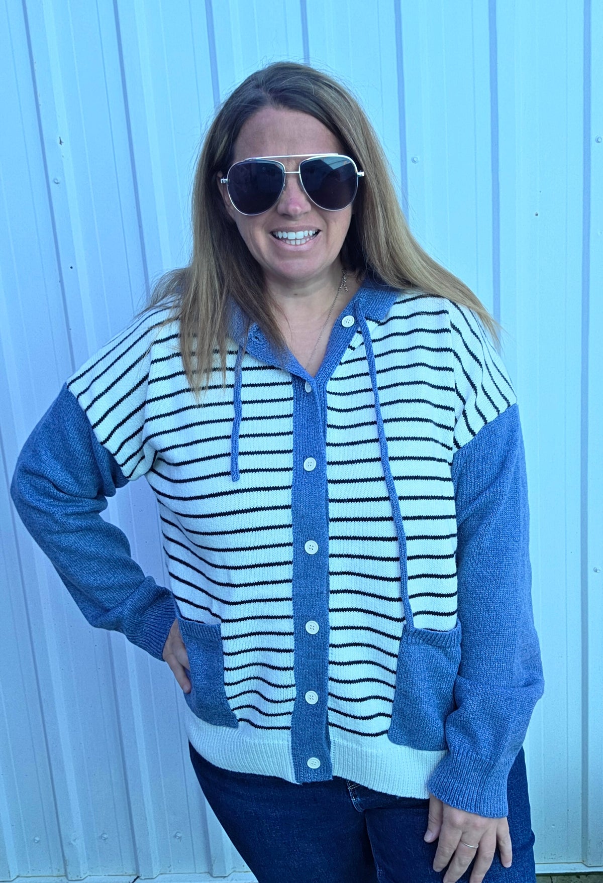 IVORY/DENIM Striped, Hoodie, Button Down Jacket Cardigan Sweater