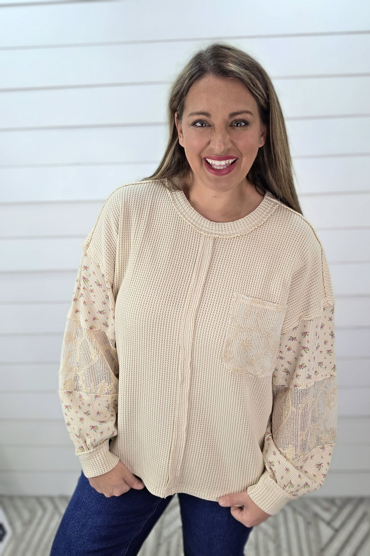 NATURAL WAFFLE TEXTURE CONTRAST SLEEVE KNIT OVERSIZED TOP