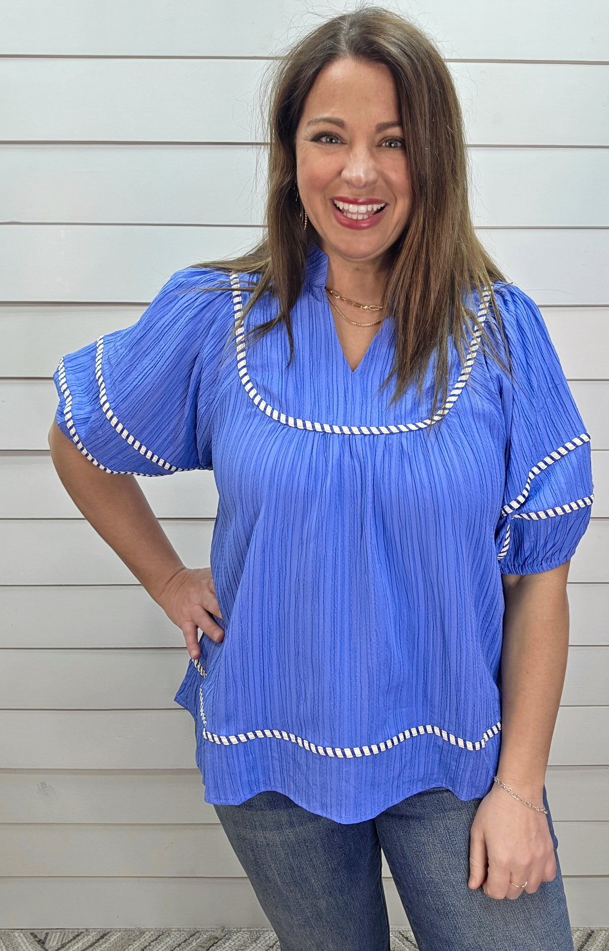 BLUE TEXTURED V NECK WOVEN TOP