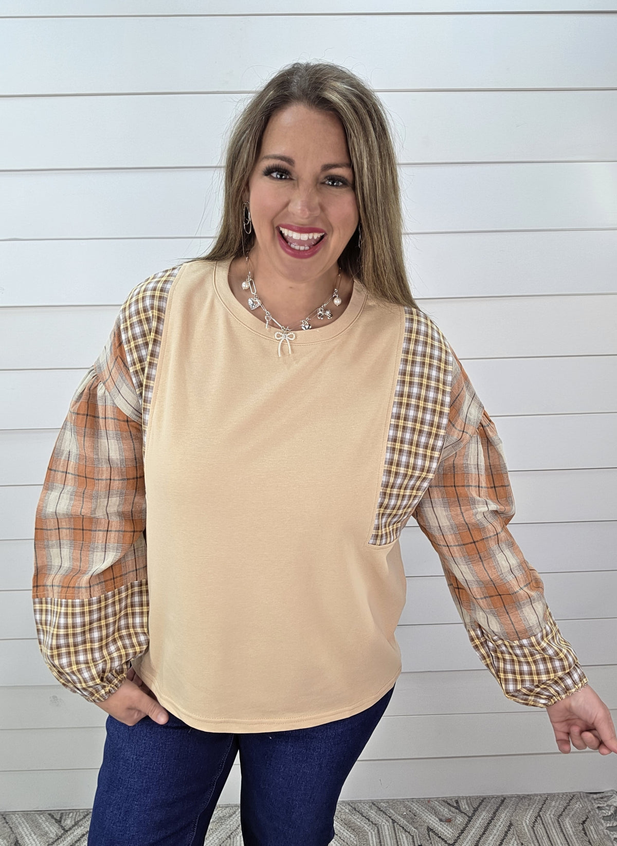 OATMEAL/RUST PLAID CONTRAST FRENCH TERRY TOP