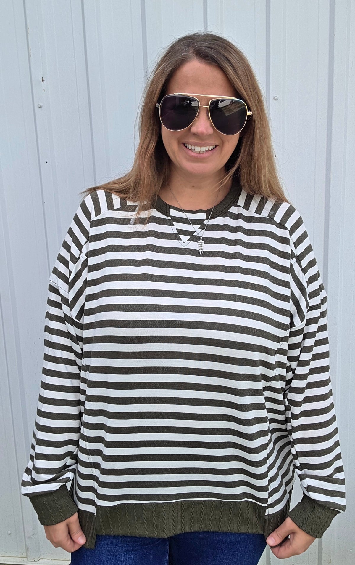 Olive Loose Fit  Long Sleeve Striped Knit Top