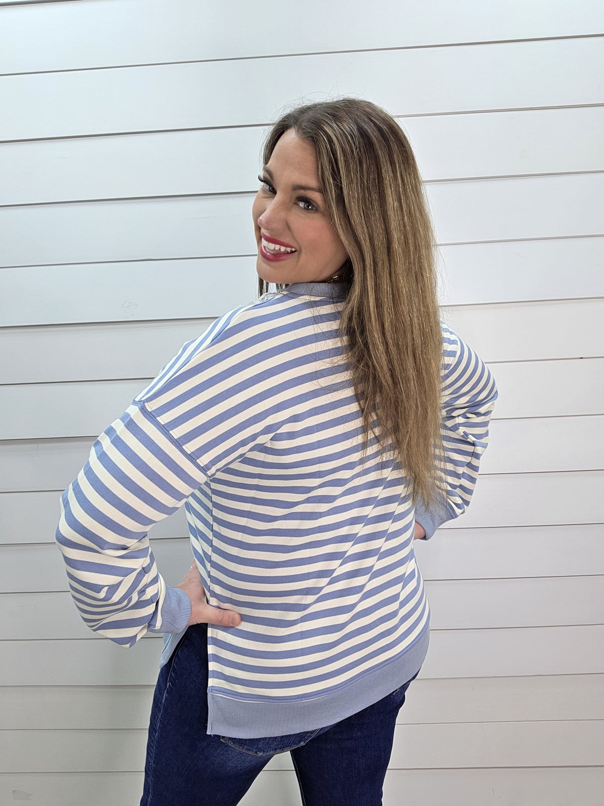 SKY BLUE STRIPED FRENCH TERRY TOP W/ SPLIT SIDES
