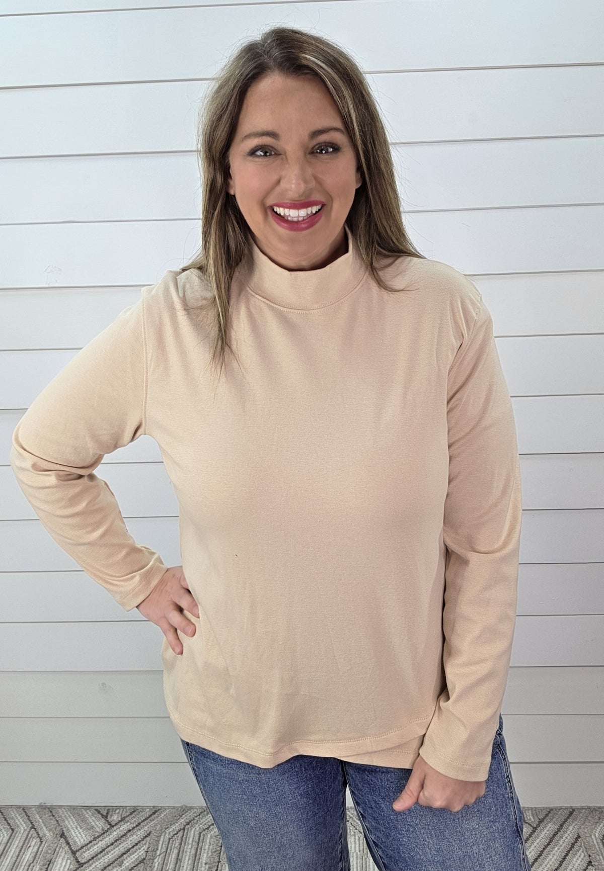 MOCHA MOCK NECK LAYERED HEM KNIT TOP