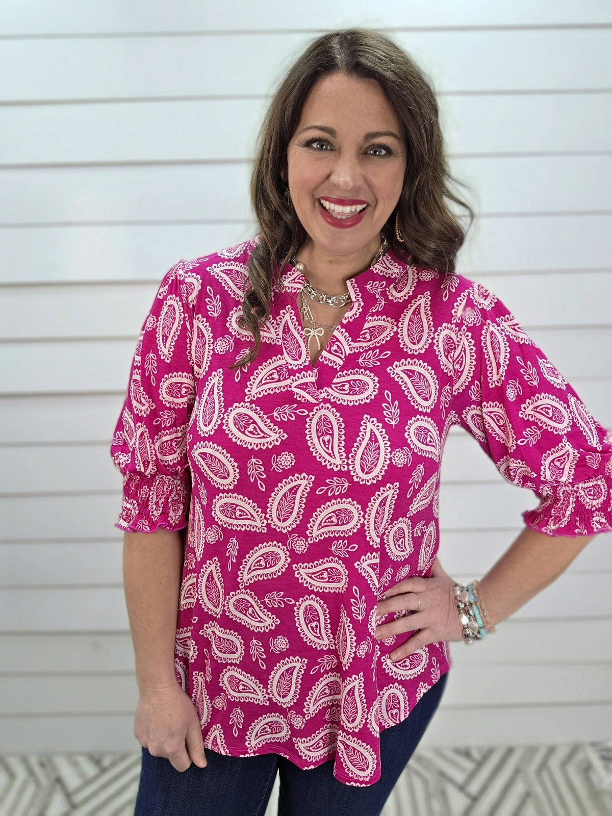 DEAR SCARLETT SMOCKED TOP - HOT PINK PAISLEY