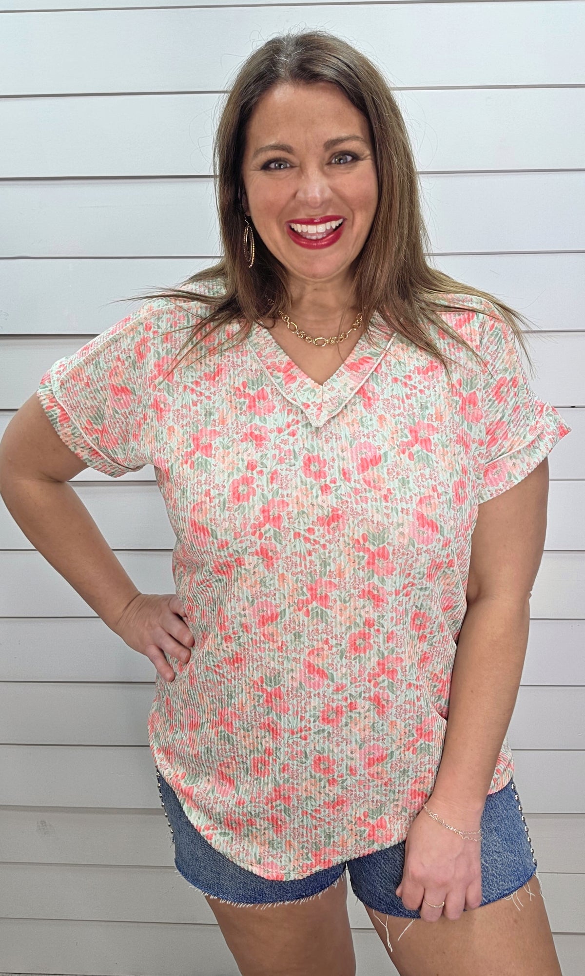 MINT/CORAL FLORAL RAISED RIBBED V NECK KNIT TOP