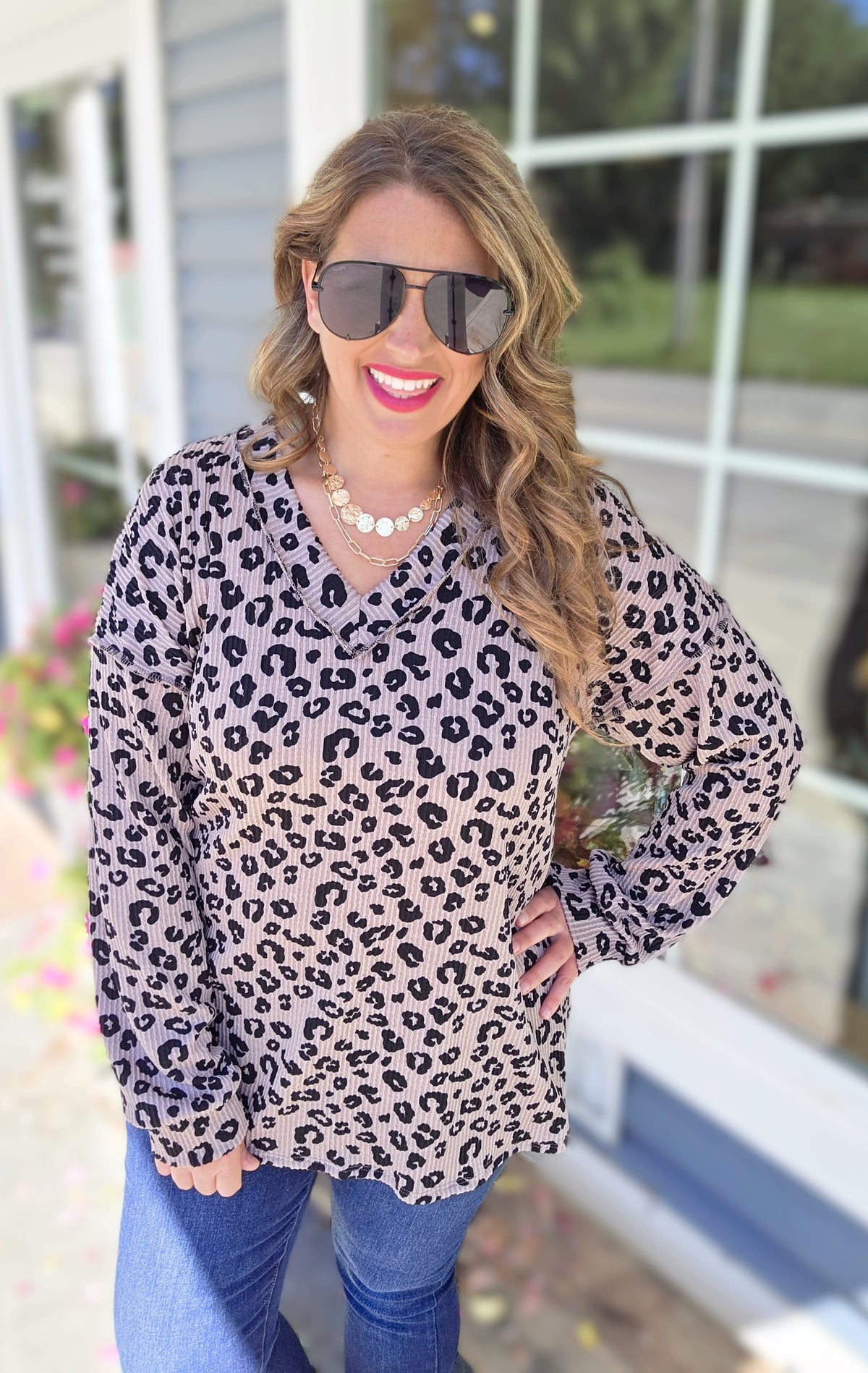 MOCHA LEOPARD RAISED RIBBED V NECK LONG SLEEVE KNIT TOP