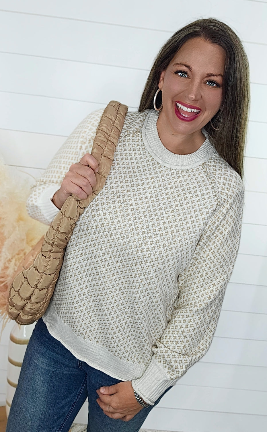 BEIGE PRINTED CREW NECK SWEATER