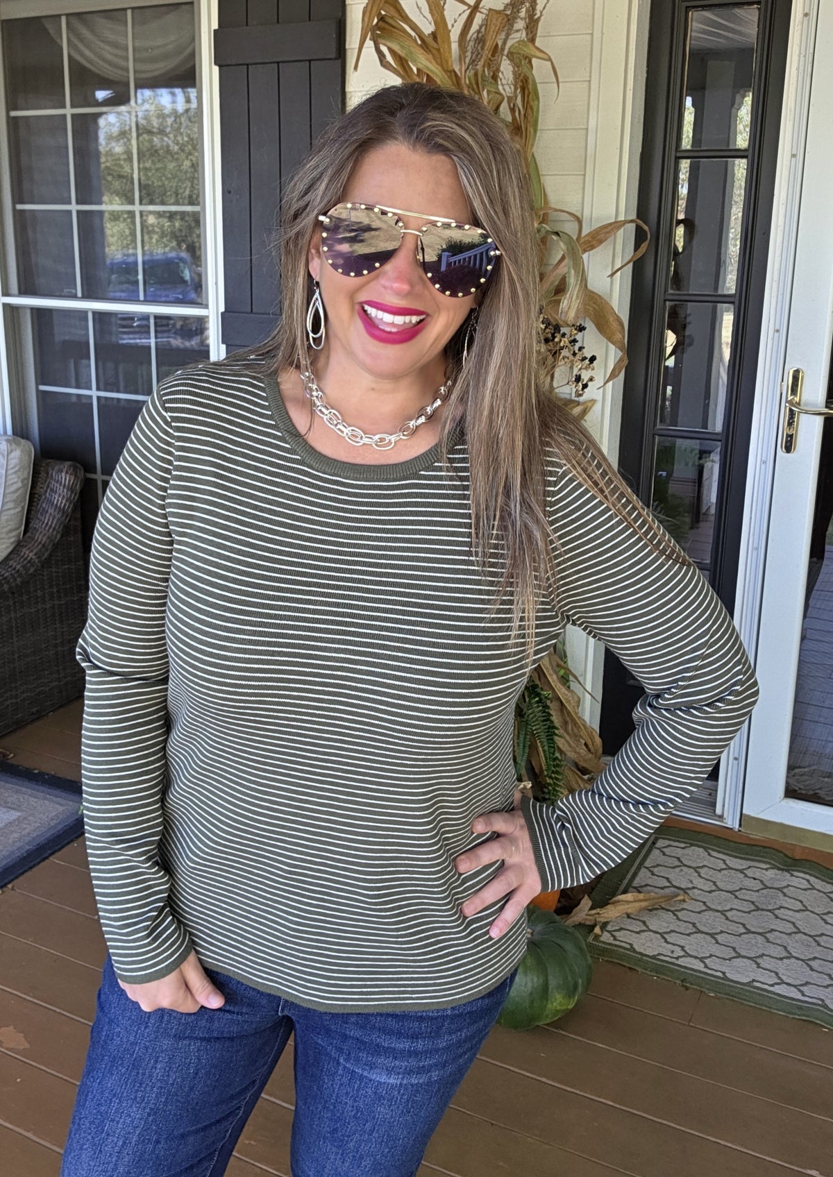 DARK OLIVE PINSTRIPE PULLOVER SWEATER