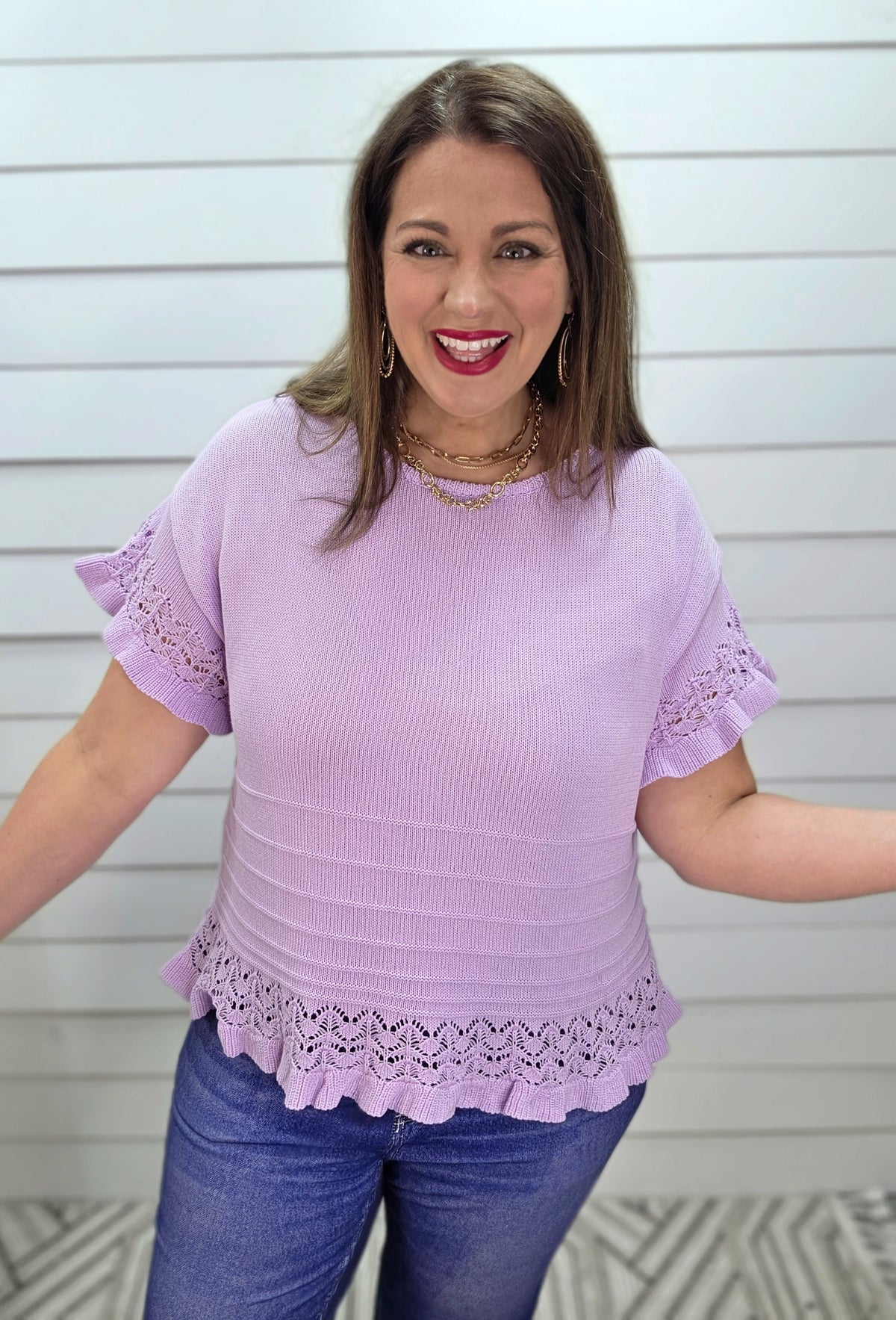 LAVENDER SWEATER KNIT SHORT SLEEVE TOP W/ CROCHET DETAIL