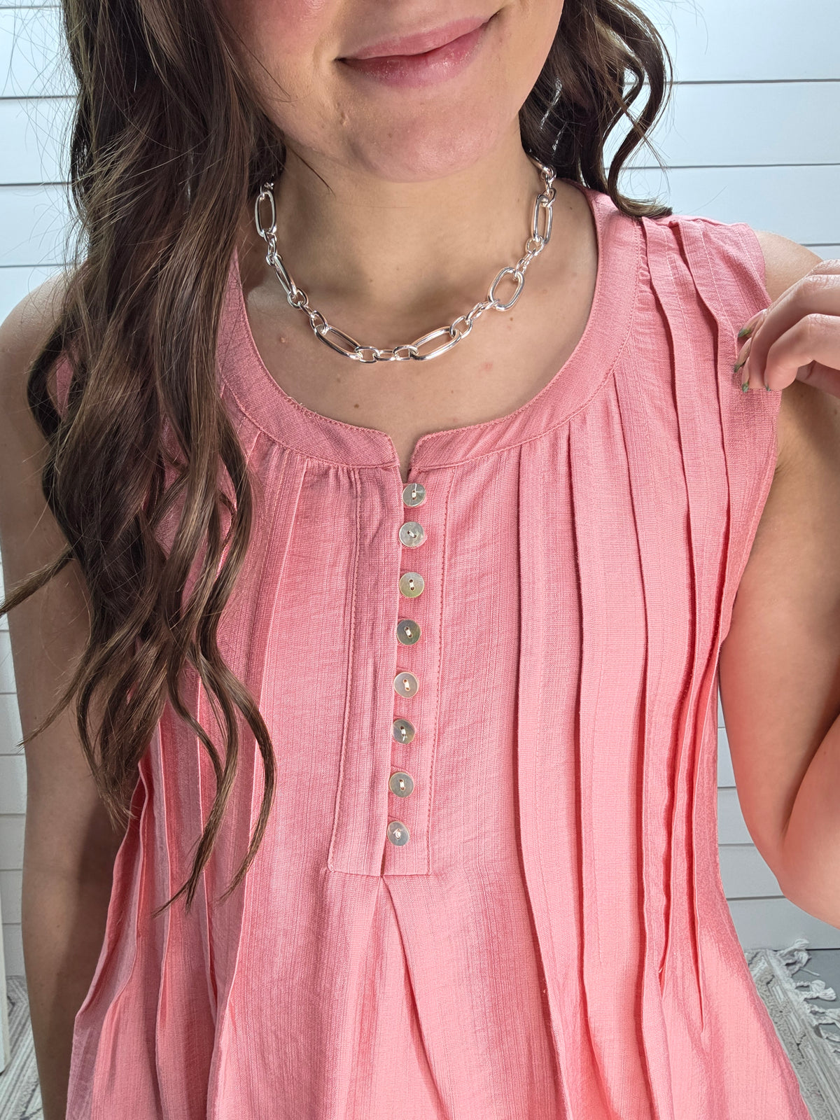 MAUVE PINTUCK HALF BUTTON WOVEN TANK