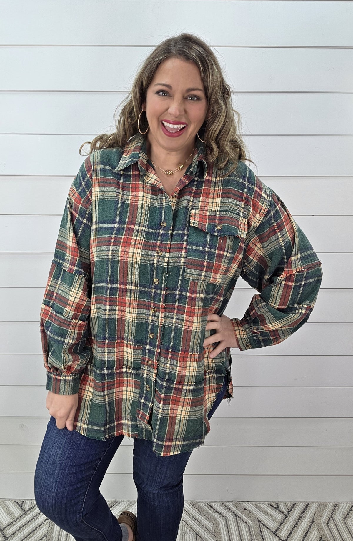 PINE GREEN PLAID OVERSIZED BUTTON DOWN FLANNEL