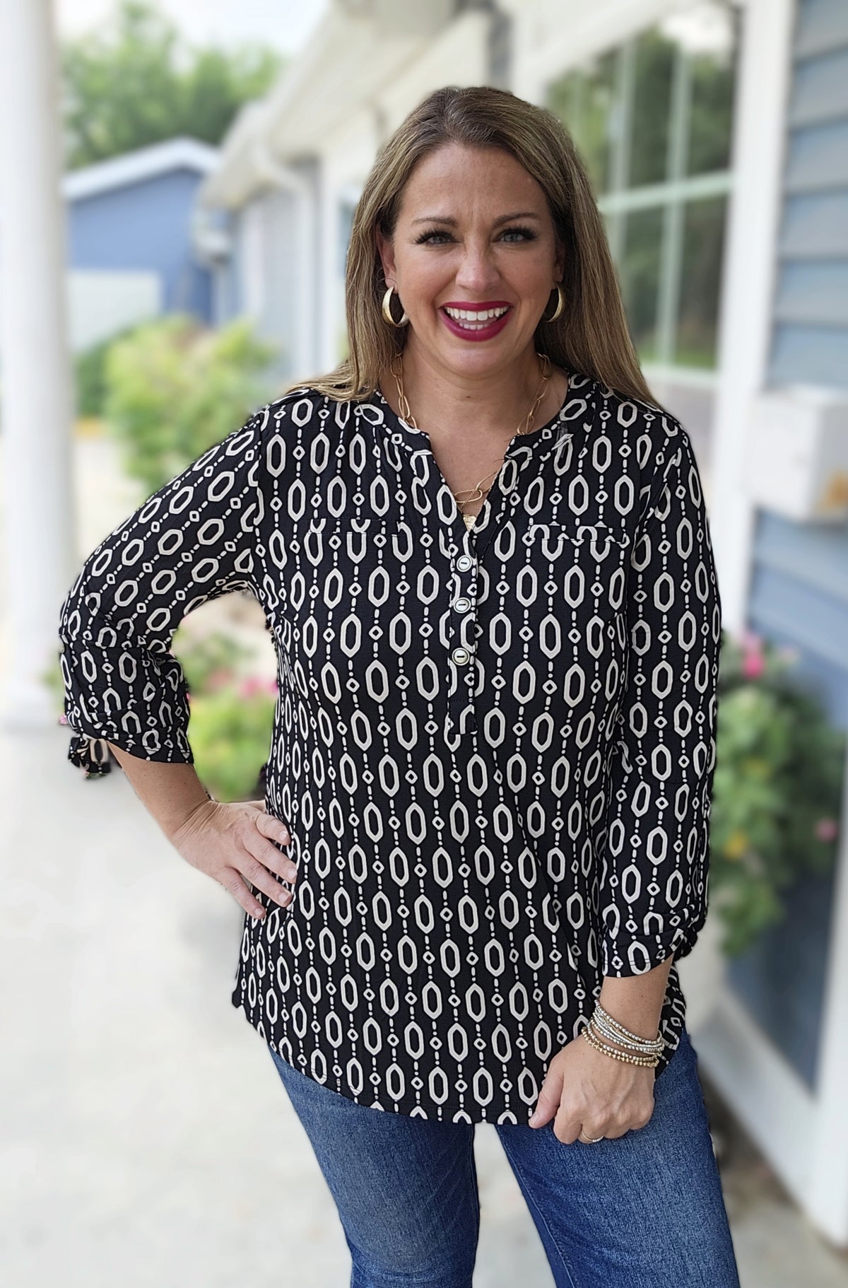 DEAR SCARLETT BLACK/CREAM GEO PRINT LUXE LIZZY