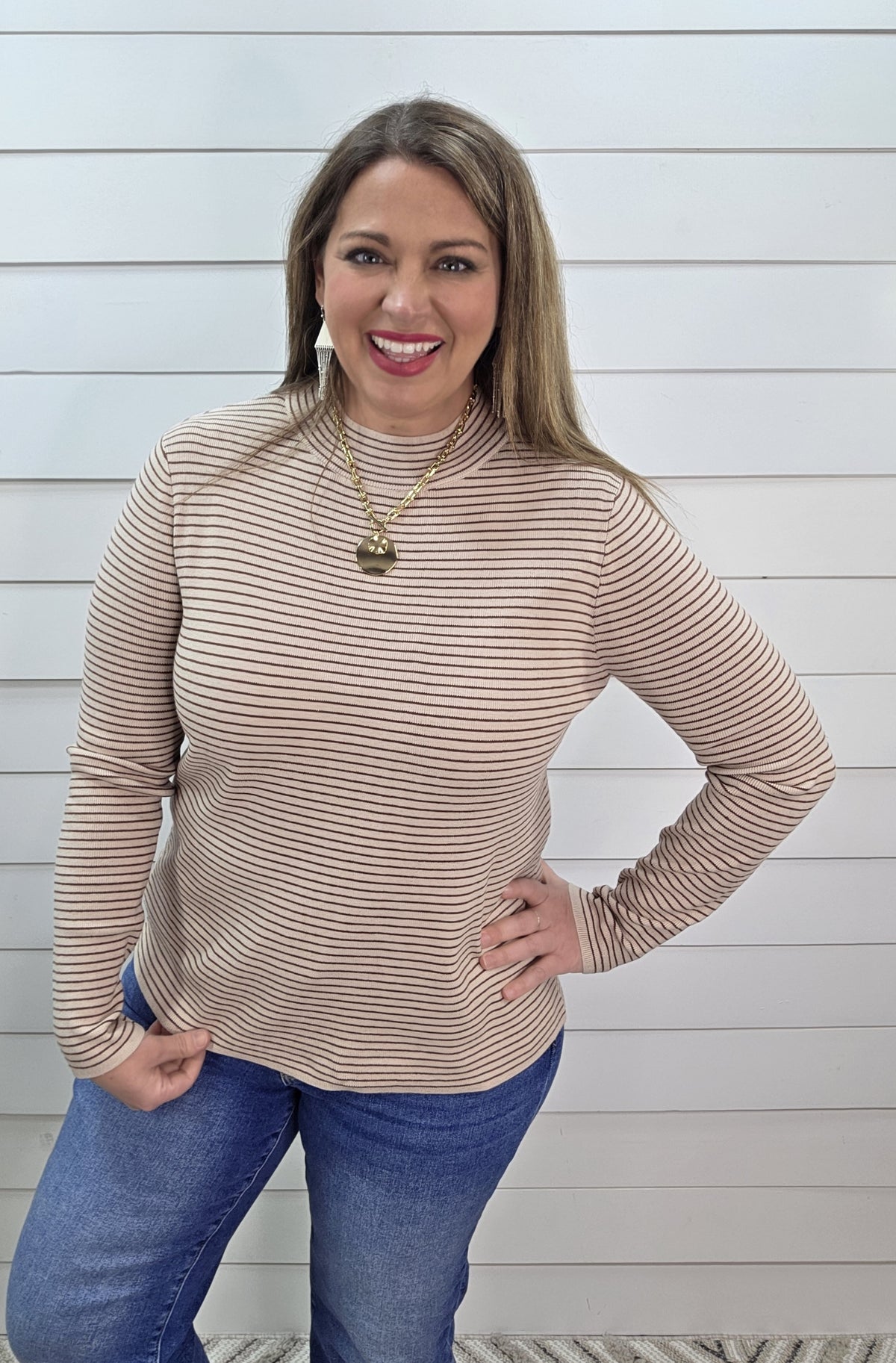TAUPE PINSTRIPE MOCK NECK PULLOVER LIGHT WEIGHT SWEATER
