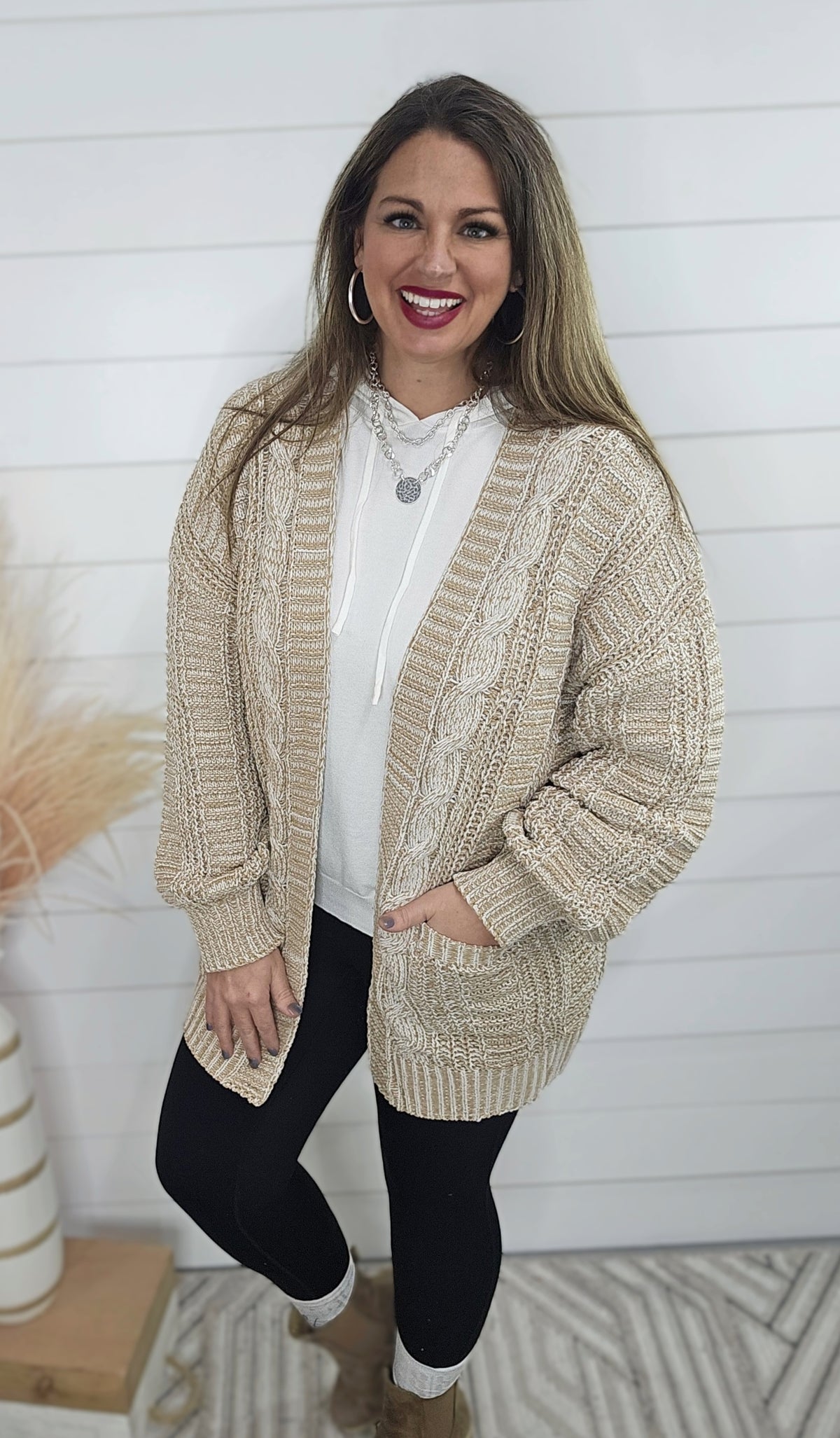 TAUPE TWO TONE OPEN KNIT CARDIGAN