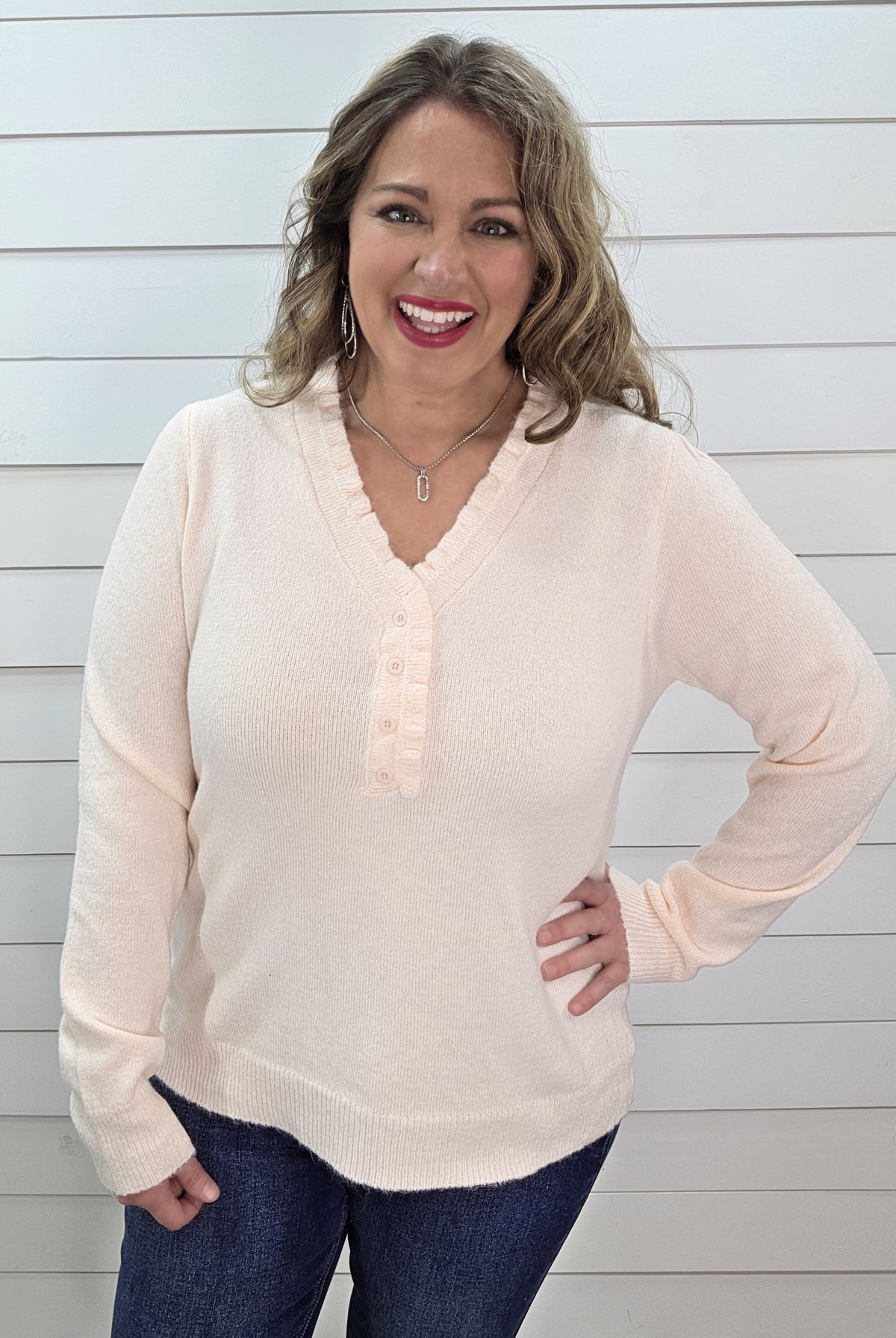 PALE BLUSH RUFFLE HENLEY KNIT SWEATER