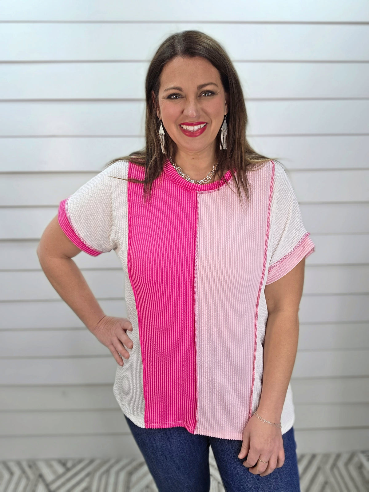 IVORY/FUCHSIA/PINK RAISED RIBBED COLORBLOCK KNIT TOP