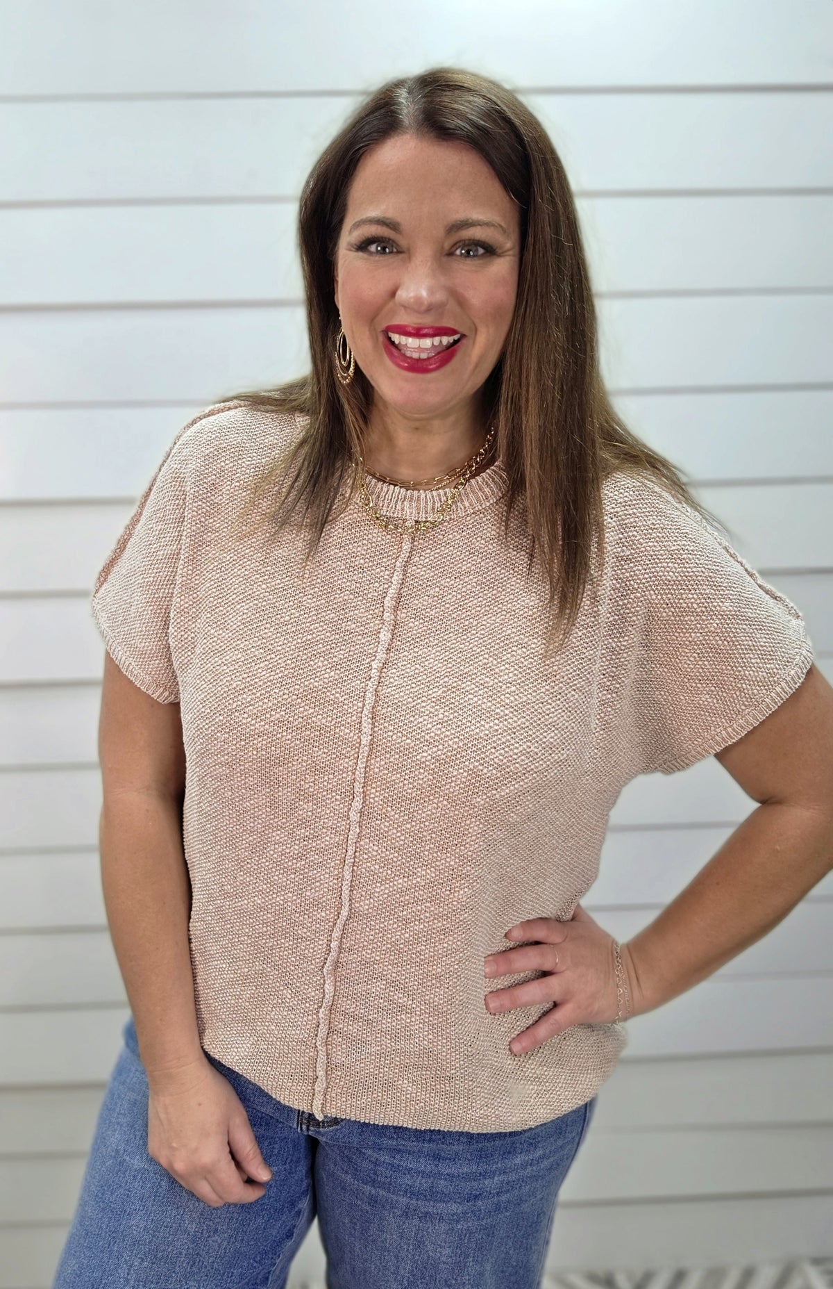 BEIGE MINERAL WASH SHORT SLEEVE TEXTURED LOOSE FIT SWEATER