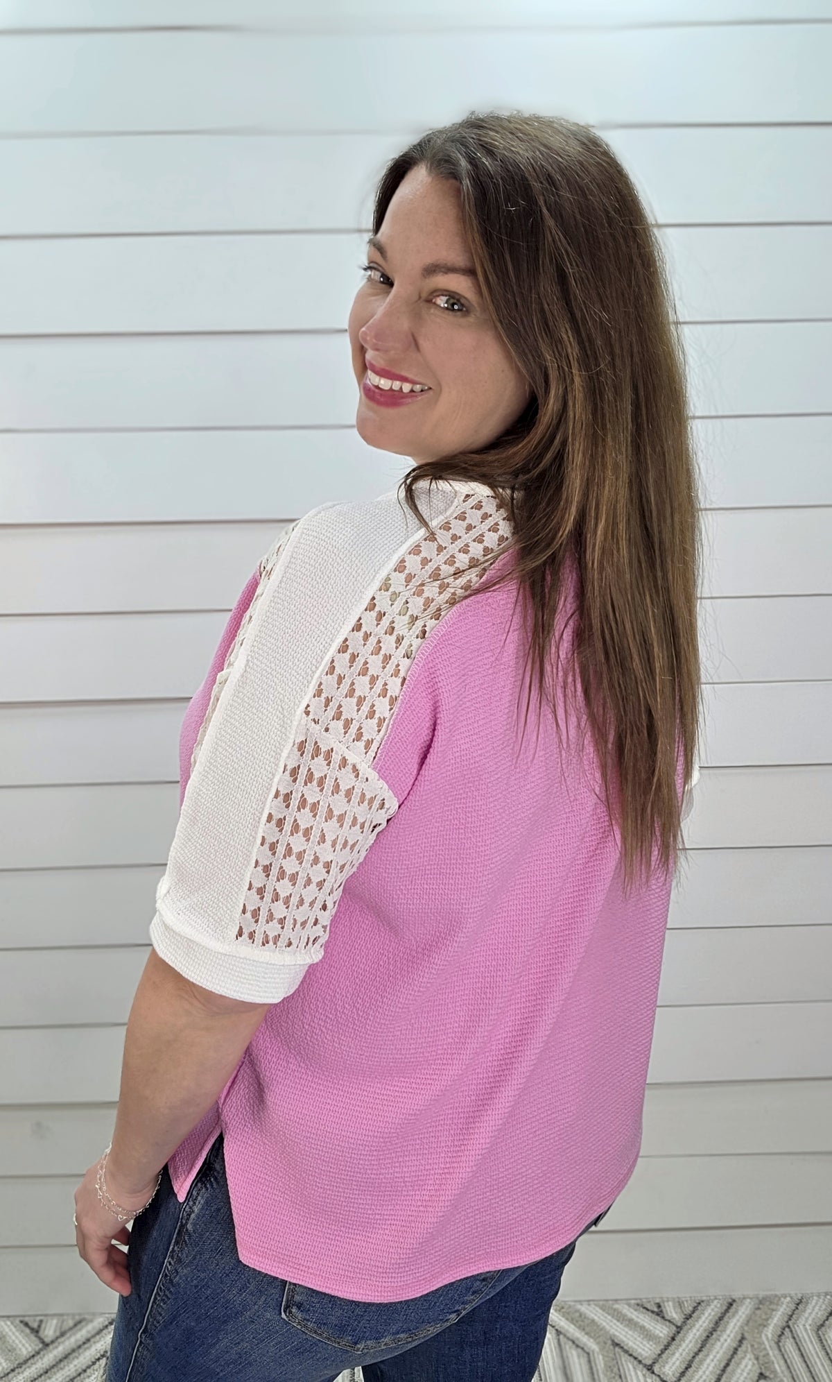 BUBBLE GUM PINK CLOUD FABRIC W/ LACE SLEEVE