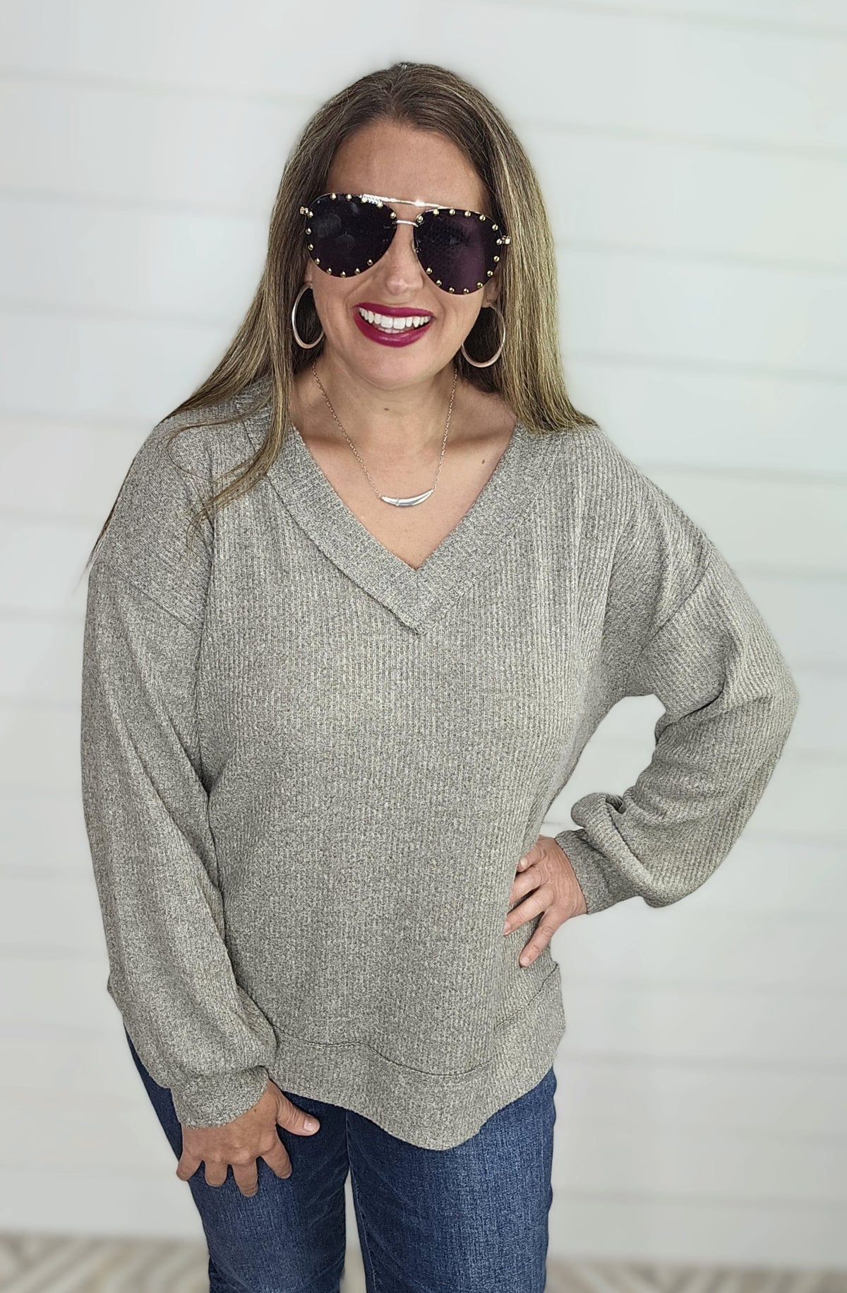 OATMEAL BRUSHED RIBBED KNIT V NECK TOP