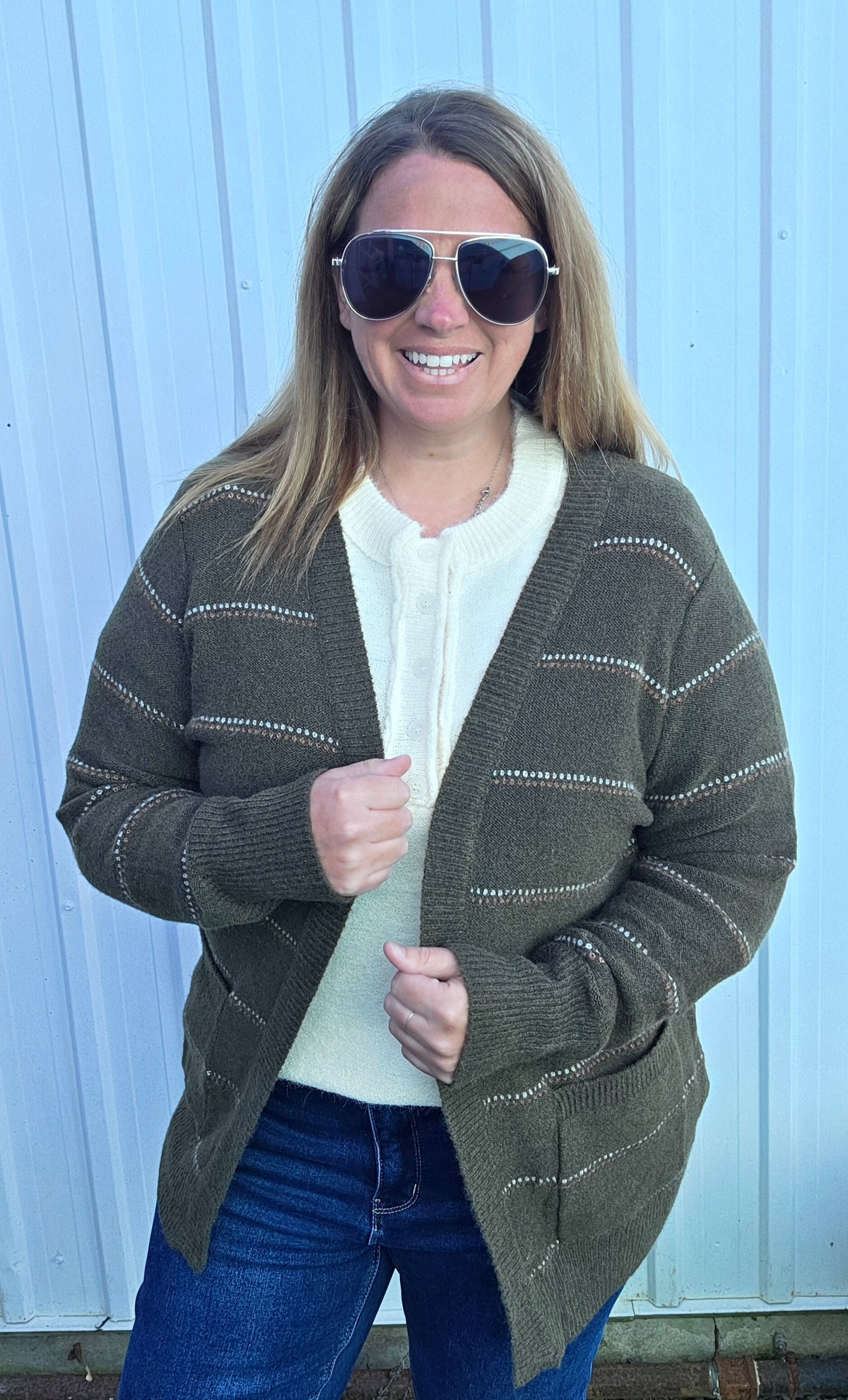 Olive Texture Multi Striped, Open Front Cardigan