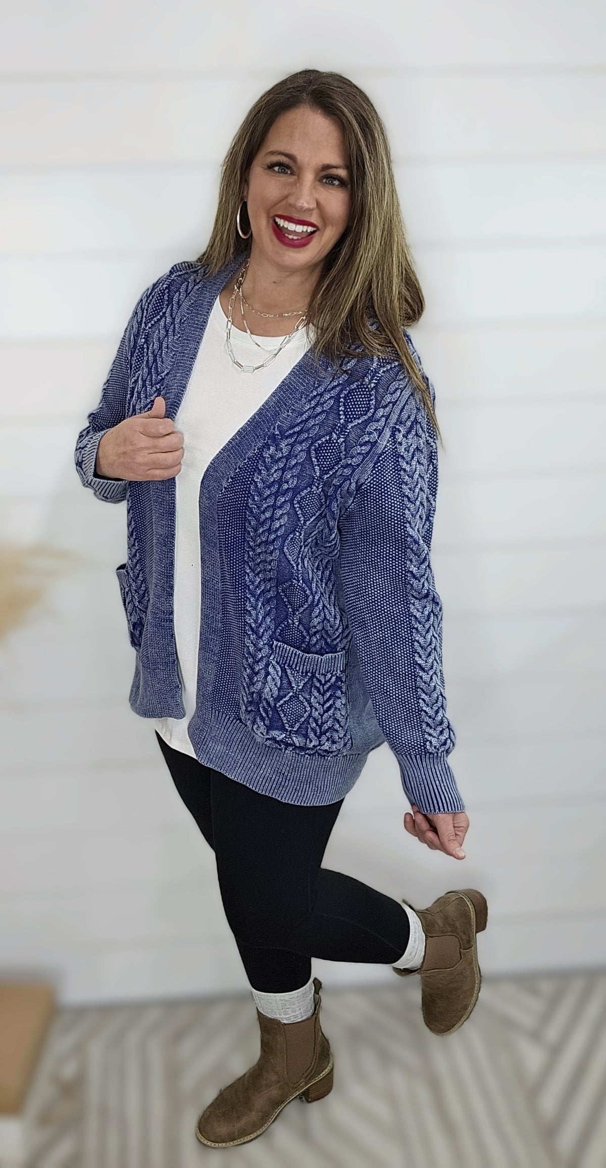 BLUE MINERAL WASH CABLE KNIT OPEN FRONT CARDIGAN