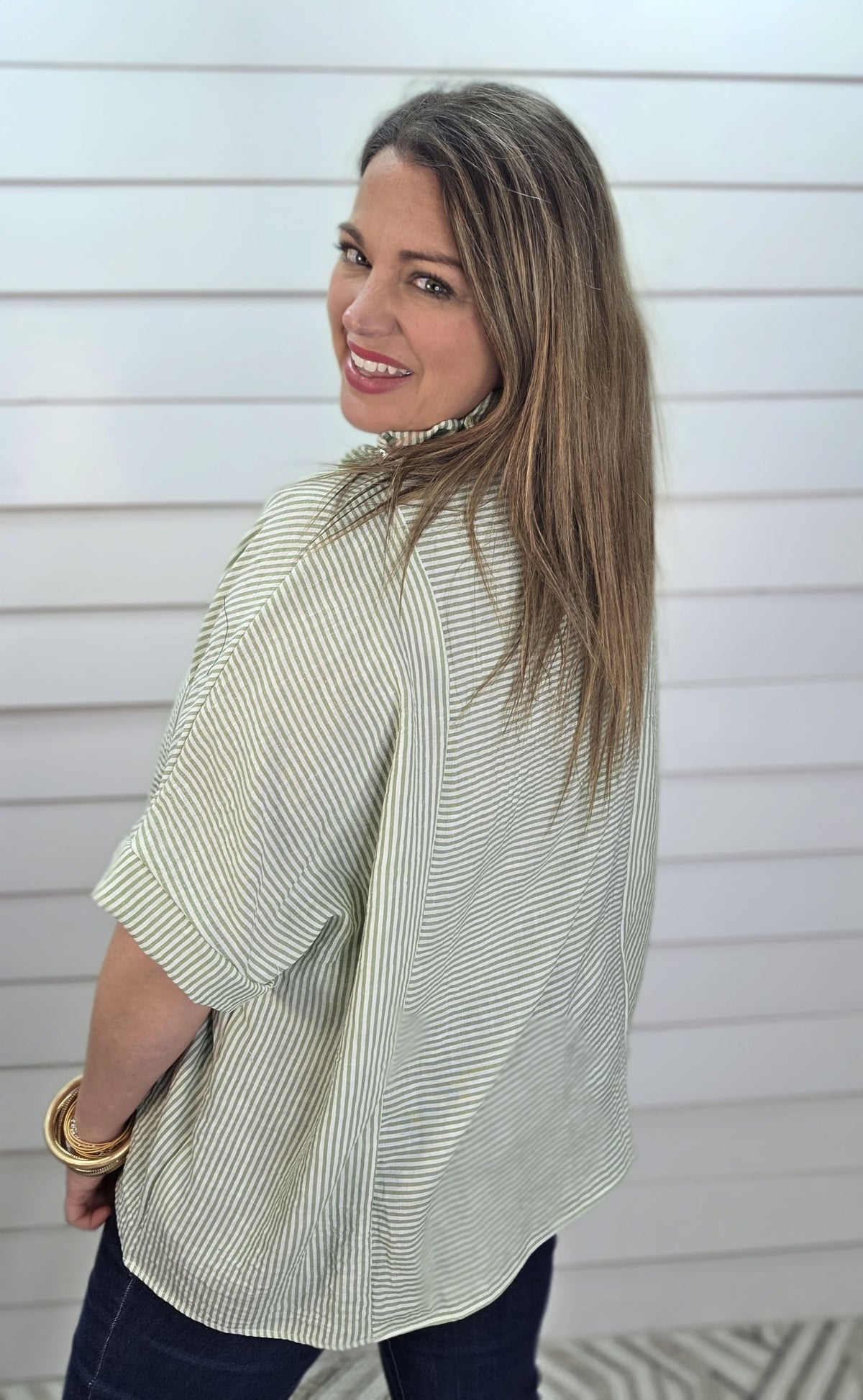 SAGE PINSTRIPED OVERSIZED WOVEN DOLMAN TOP W/ FRILL NECKLINE