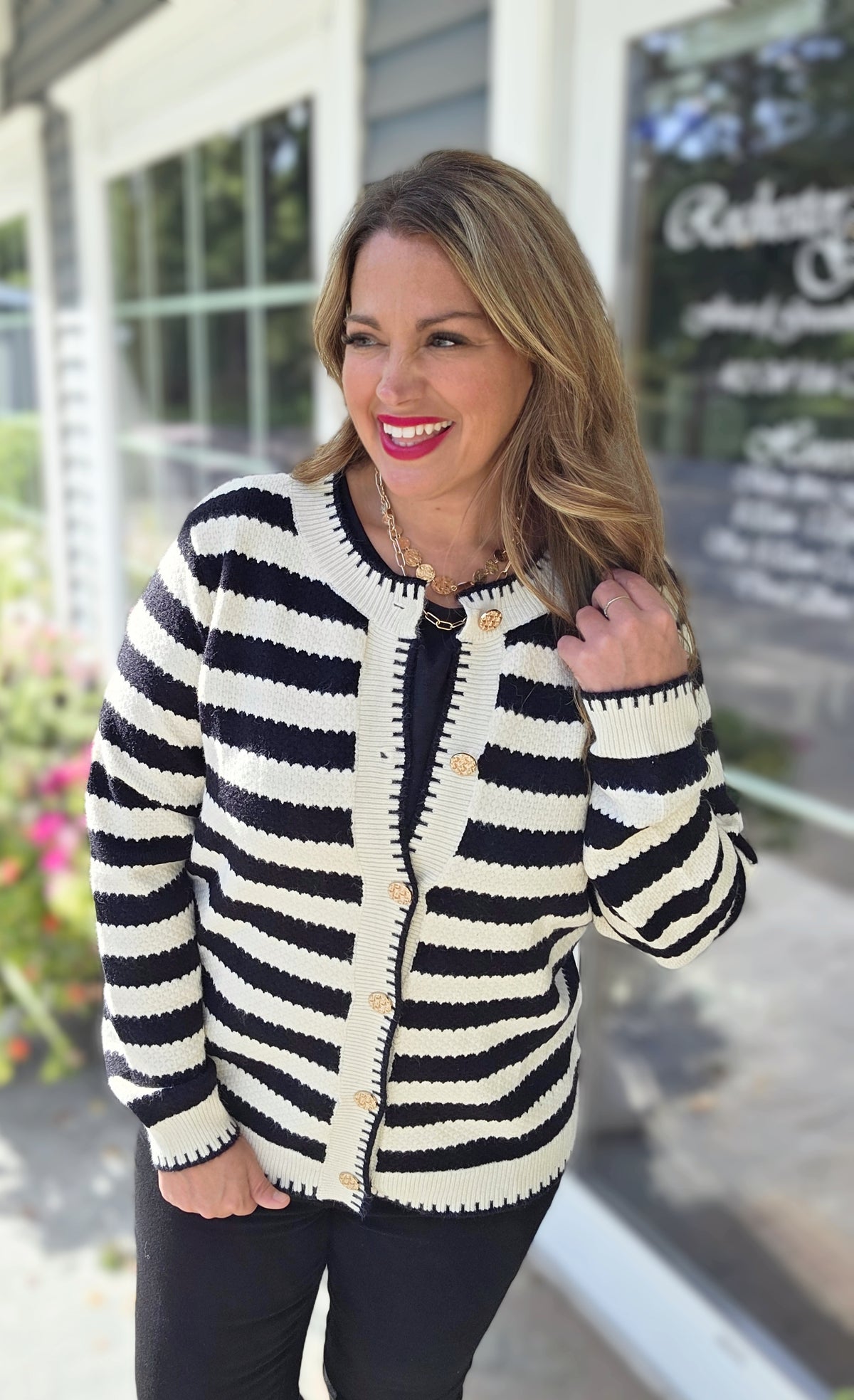BLACK CHIC STRIPED GOLD BUTTON CARDIGAN