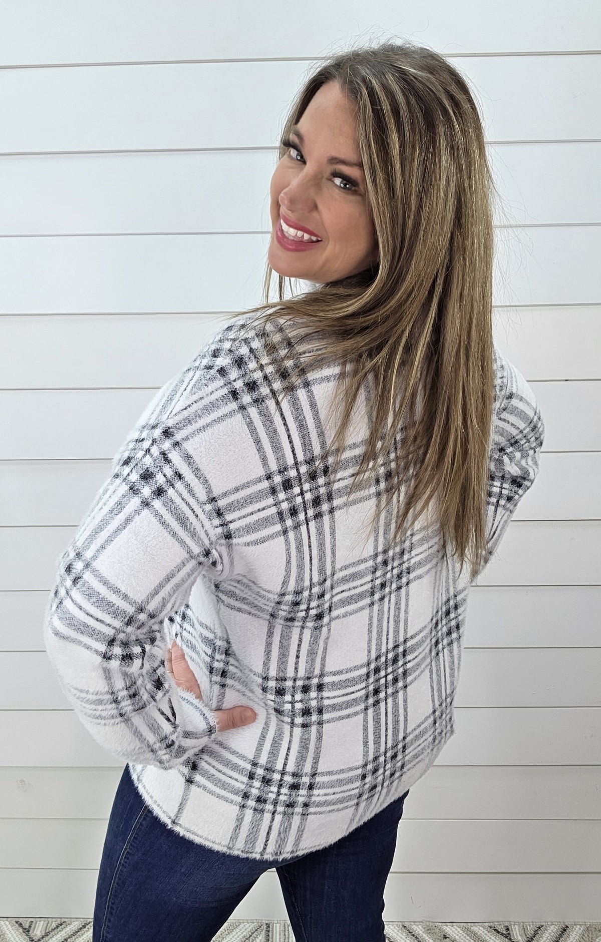 OFF WHITE/BLACK MOCK NECK FUZZY SOFT PLAID CHECK SWEATER