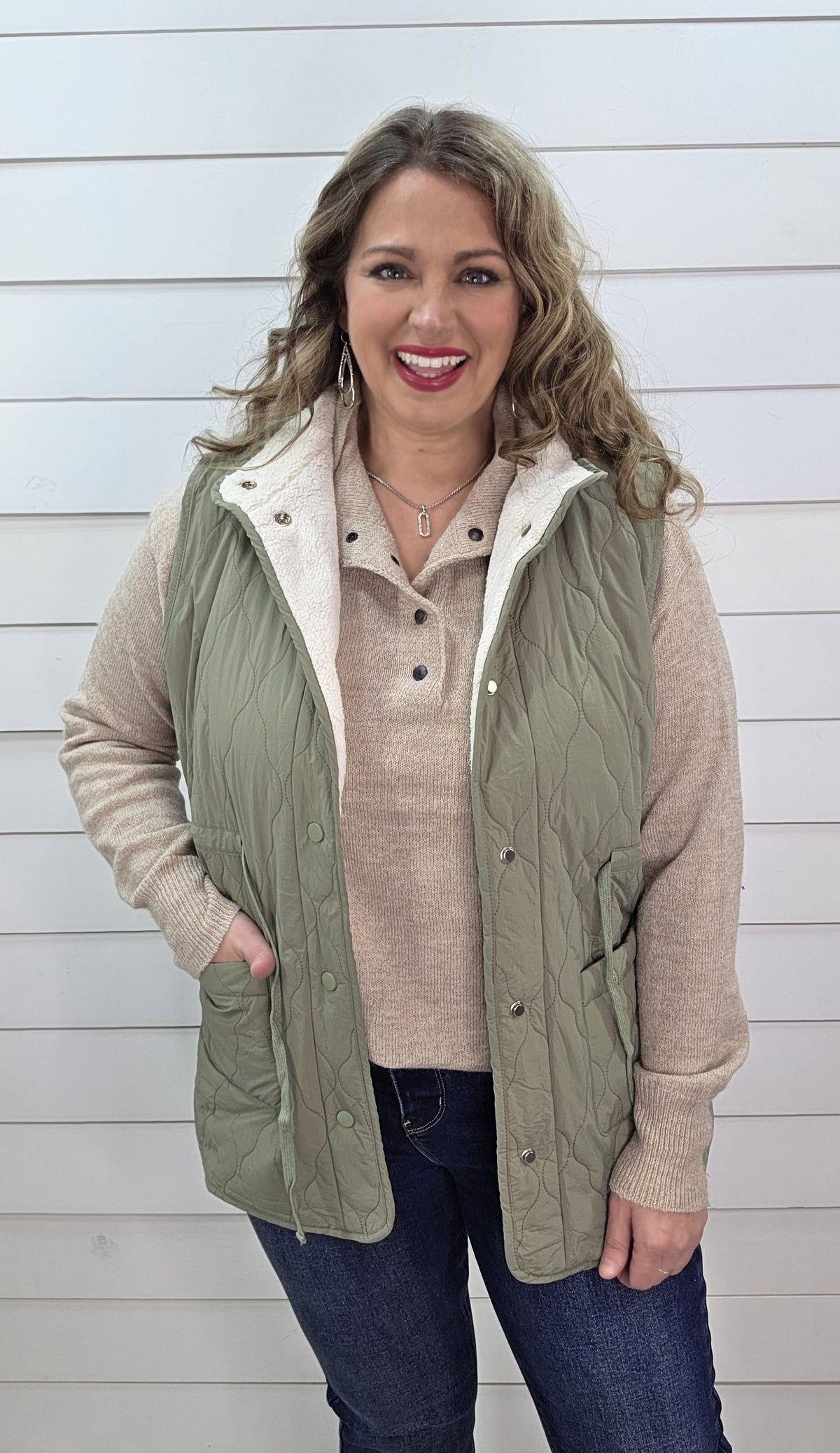 OLIVE FAUX FUR LINED SNAP BUTTON TIE VEST