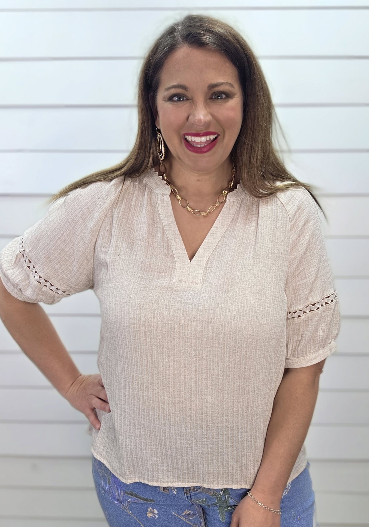 OATMEAL RICRAC TRIM V NECK WOVEN LINEN BLEND TOP