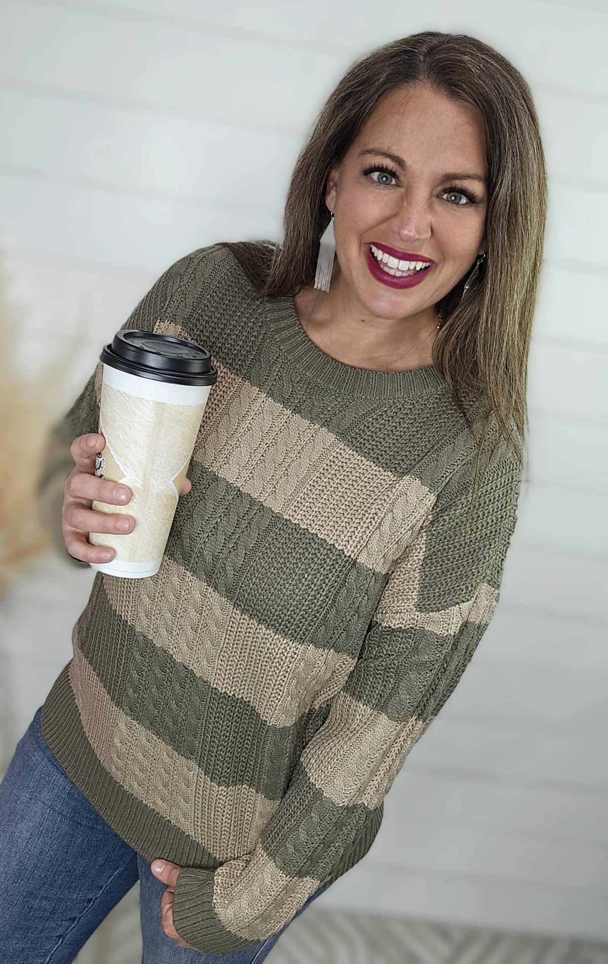 OLIVE/TAUPE CABLE KNIT STRIPED SWEATER