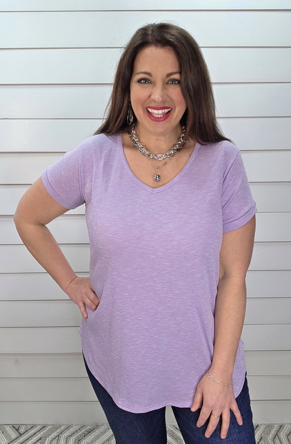 LAVENDER RIBBED V NECK KNIT TOP
