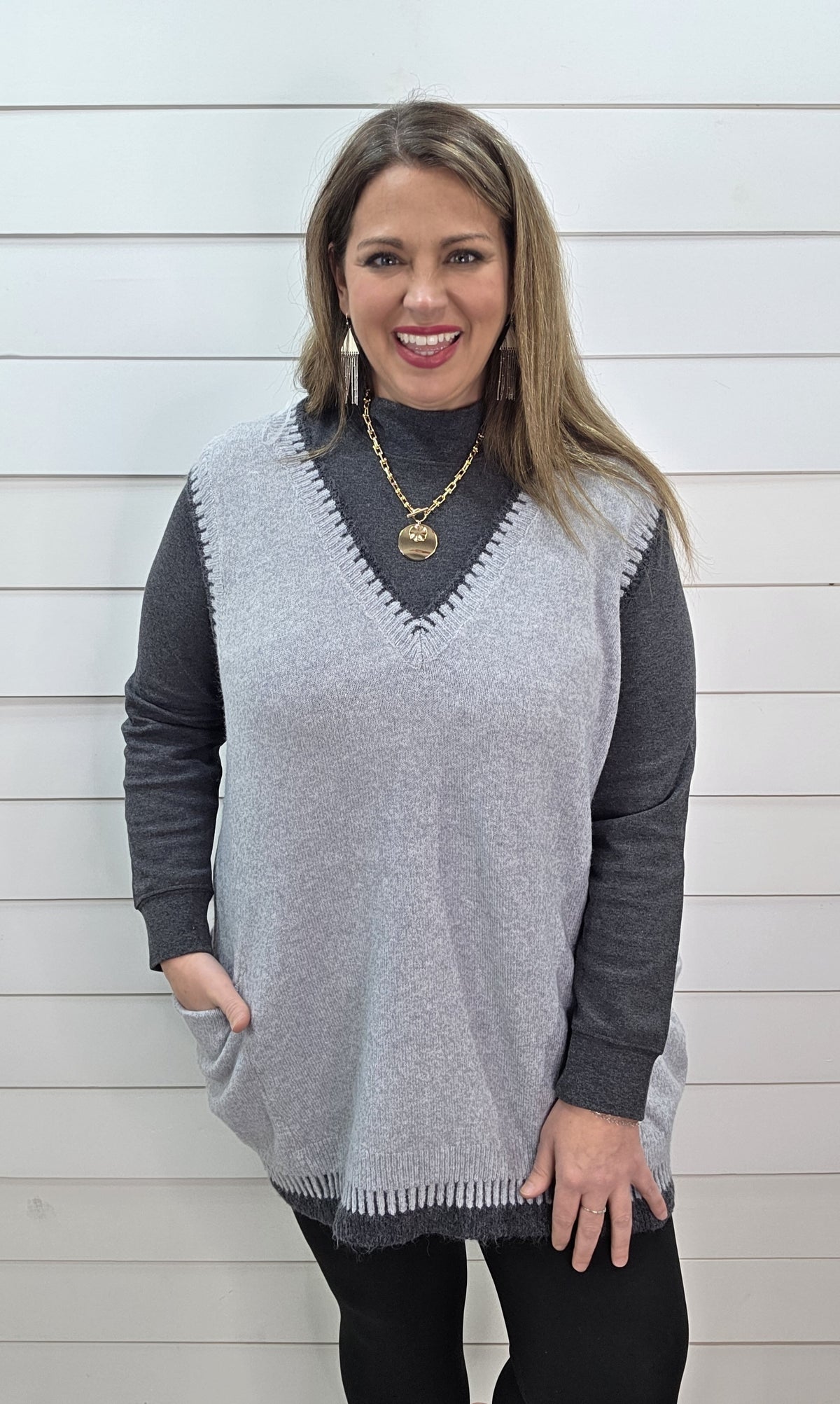 HEATHER GREY V NECK STITCH FINISH LONG SWEATER VEST