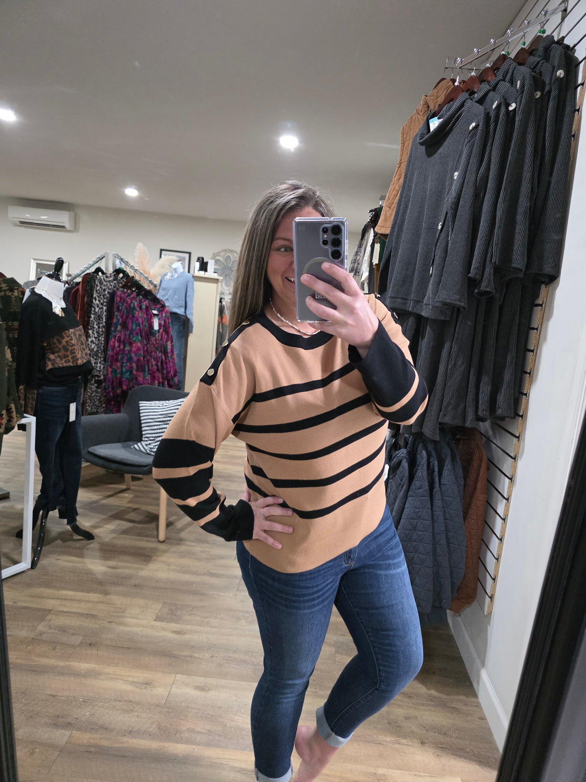 KAREN HART TAN/BLACK STRIPED SWEATER WITH BUTTON ACCENTS