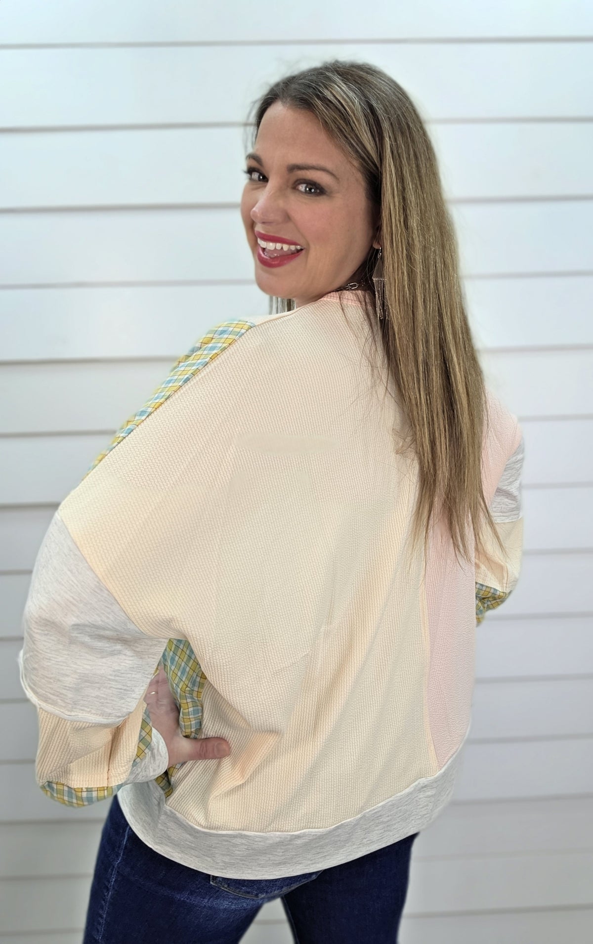 PEACH/OATMEAL CONTRAST PLAID/FLORAL LOOSE FIT TOP