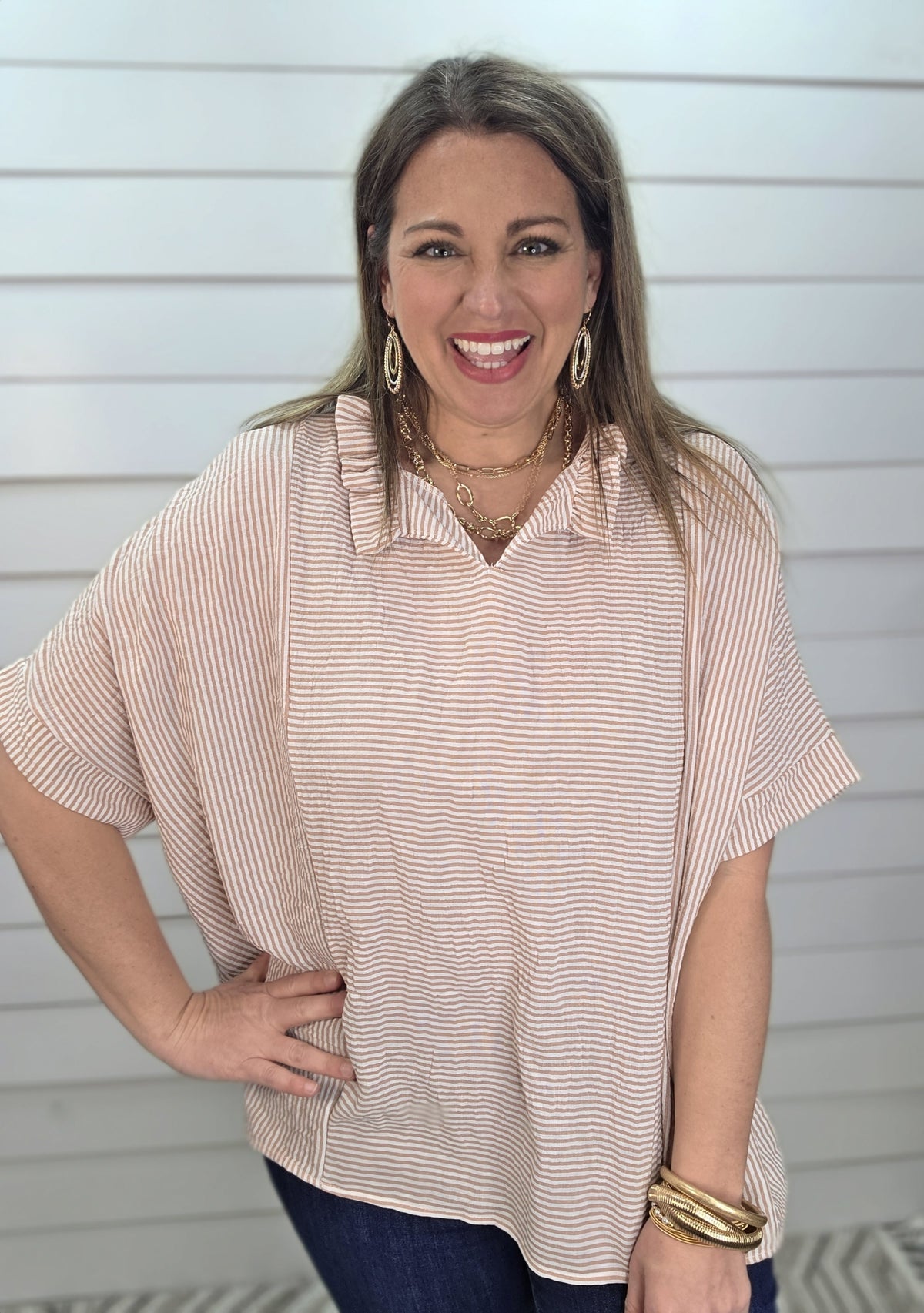 MAUVE PIN STRIPED OVERSIZED WOVEN DOLMAN TOP W/ FRILL NOTCH NECKLINE