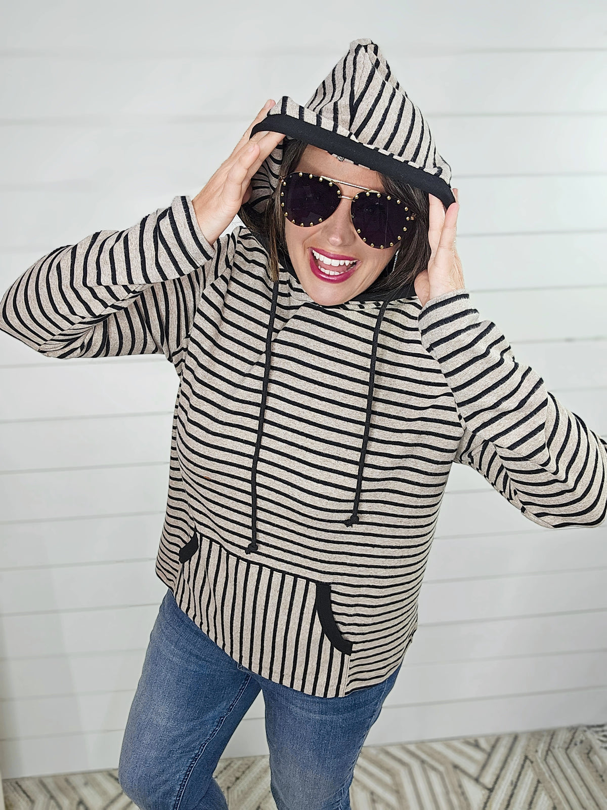 OAT/BLACK STRIPE MIX HOODIE W/ KANGAROO POCKET