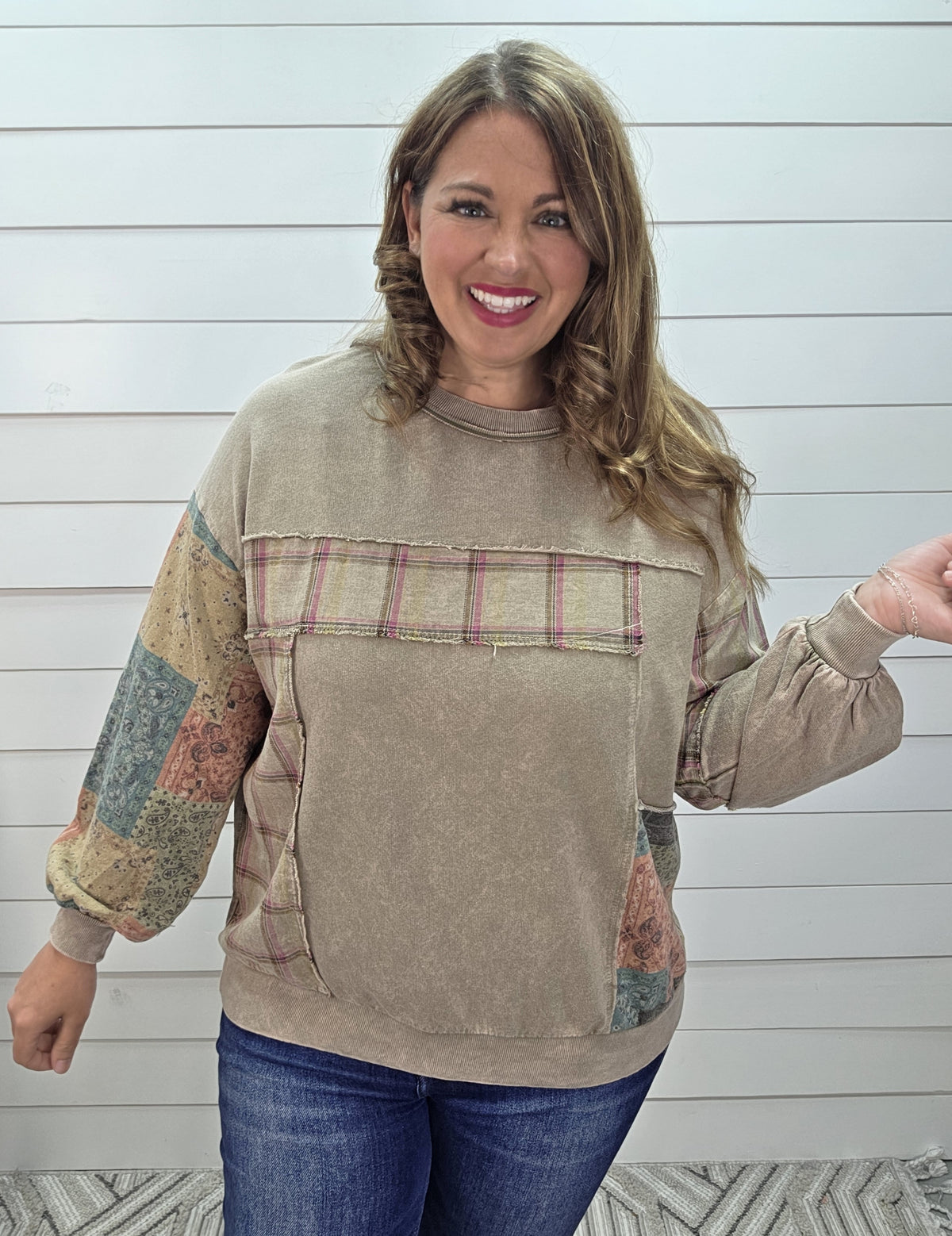 DK TAUPE Mineral washed Plaid And Bandana Print Sweatshirt Pullover