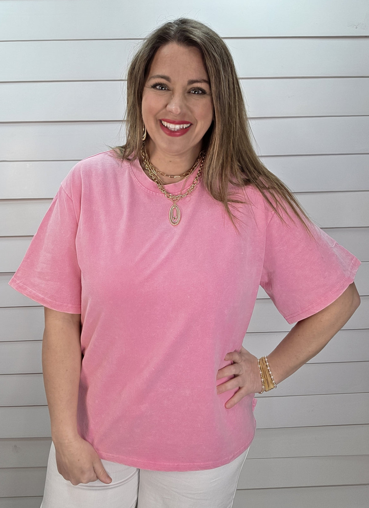 PINK MINERAL WASH COTTON SHORT SLEEVE TOP